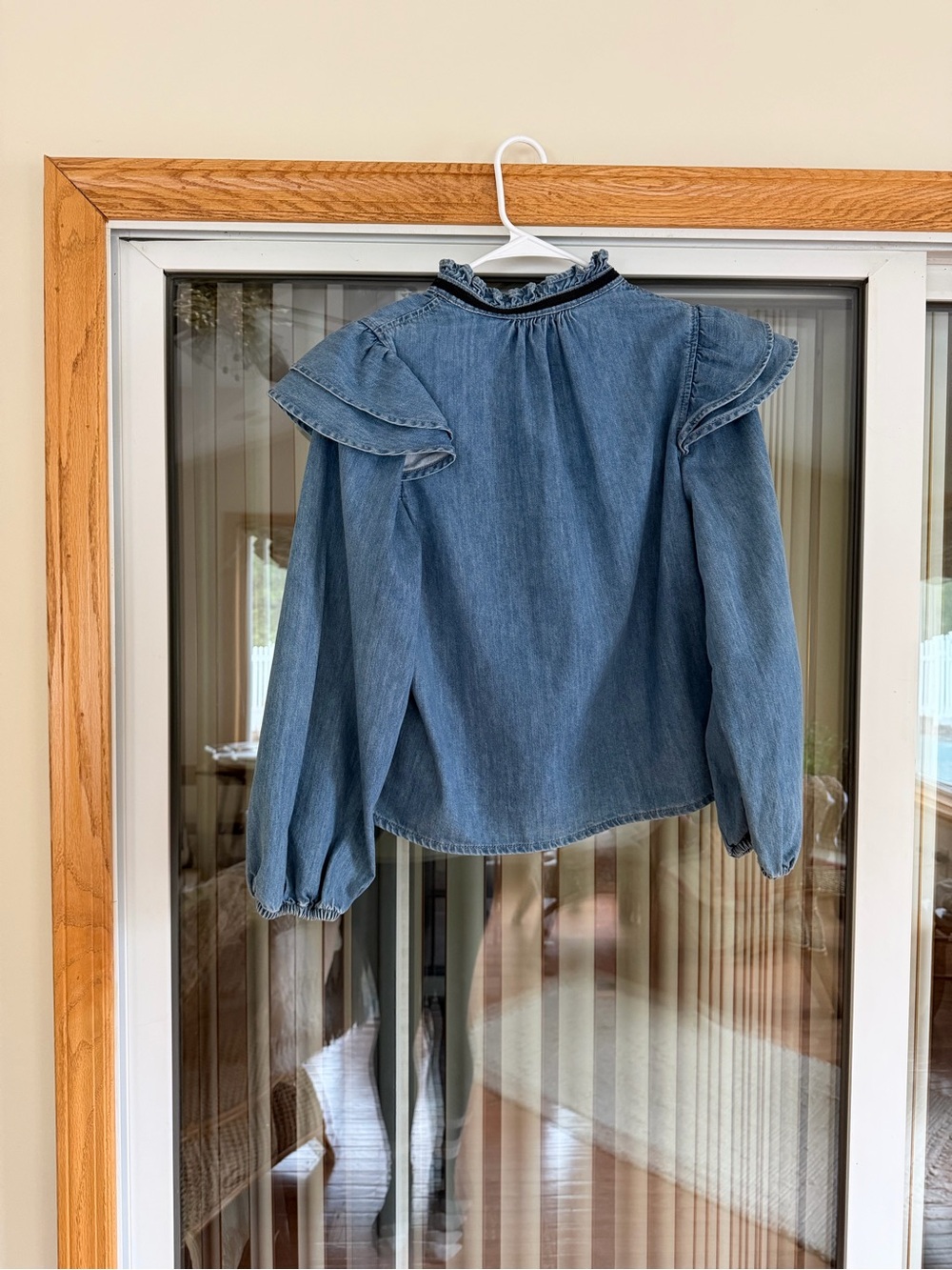 NWT Zara Denim Ruffle Collar Blouse with Black Ribbon - Picture 2 of 8